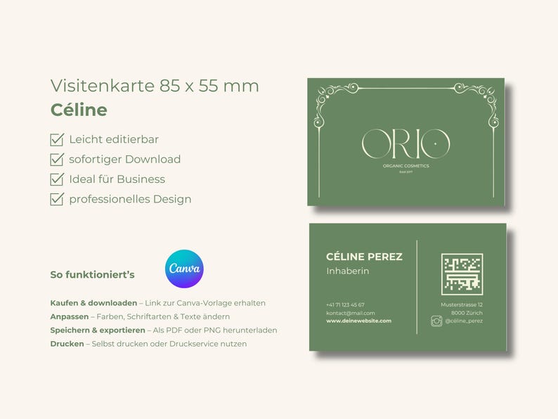 May include: Two business cards, each 85 x 55 mm, with a green background. The top card features the text "ORIO ORGANIC COSMETICS" and a decorative border. The bottom card includes contact information and a QR code. The name "C&eacute;line" is displayed.