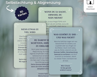 May include: A set of 30 cards with German text, titled "Inner Boundaries - Self-Respect & Boundaries." The cards have a light green background with white text and decorative borders. A PDF download icon is visible.