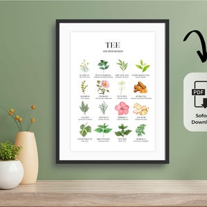 May include: A framed print featuring watercolor illustrations of various tea herbs and spices. The print includes the word "TEE" at the top, with German text below. A PDF download icon is visible on the right side of the image.