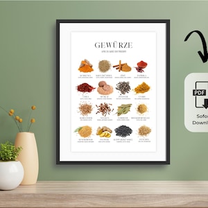 Cartaz de especiarias para cozinha, tamanho A3, para impressão | Tabela de especiarias para impressão | Arte de parede para cozinha | Download em PDF | Também como presente | Cartaz digital