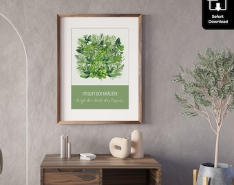 Herb poster to print A3 | Kitchen wall decor with quote | Printable botanical art | PDF download | Also as a gift