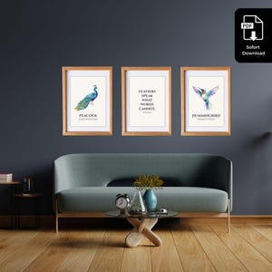 Vogel Poster Set zum Ausdrucken A3 | Bundle mit Pfau, Kolibri & Spruch | PDF Download | Digitale Wanddeko | Geschenk | Printable Bird Prints
