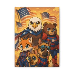 Impressão em tela de heróis animais patrióticos, arte de animais de desenho animado, arte dos EUA, decoração de parede para quarto infantil, presente para o Dia da Independência