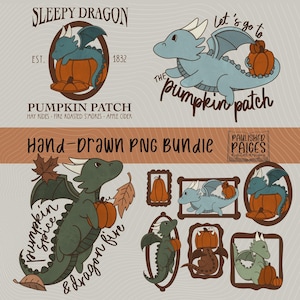 May include: A collection of hand-drawn PNG graphics featuring dragons and pumpkins. The designs include a sleepy dragon in an oval frame, a dragon with a pumpkin, and the text "Pumpkin Patch". The color palette includes shades of blue, green, and orange.