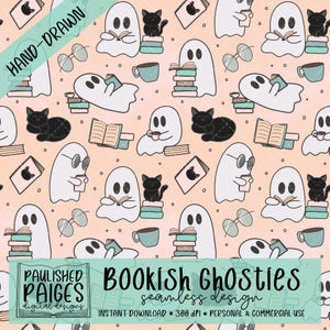 Bookish Ghosties Pattern PNG: Ghosts Reading Design | Digital Download Ghosts, Pastel, Reading, Books, Cats, Cute, Spooky, Hand Drawn