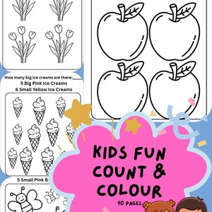 以下が含まれることがあります： 子供向けのアクティビティブック。数え方と塗り絵のページがあります。花、リンゴ、アイスクリーム、蝶のイラストが含まれています。「KIDS FUN COUNT & COLOUR」の文字と2人の漫画の子供が表紙に描かれています。