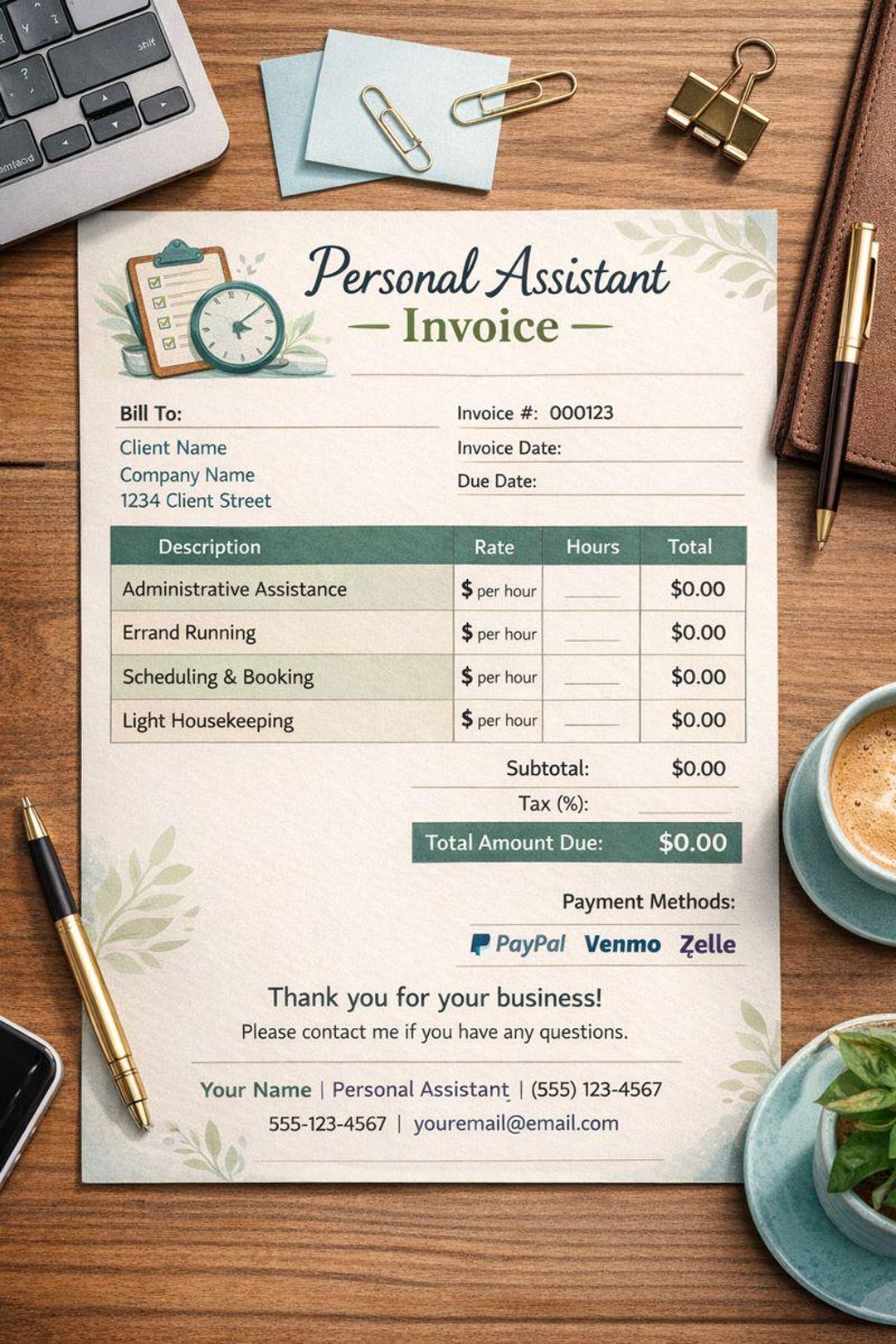 Sales Invoice Template for Personal Assistant – Editable Excel Invoice ...