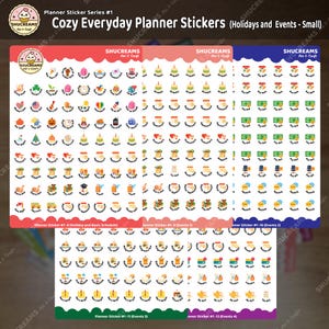 May include: Cozy Everyday Planner Stickers featuring holiday and event icons. The stickers are arranged in sheets with various designs, including cakes, flags, and gifts. The text "Planner Sticker Series #1" and "SHUCREAMS" are visible.