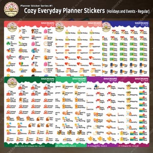 May include: A sheet of planner stickers with various designs for holidays and events. The stickers include icons for birthdays, appointments, school events, and more, in a colorful and organized layout. The text "Cozy Everyday Planner Stickers" is at the top.