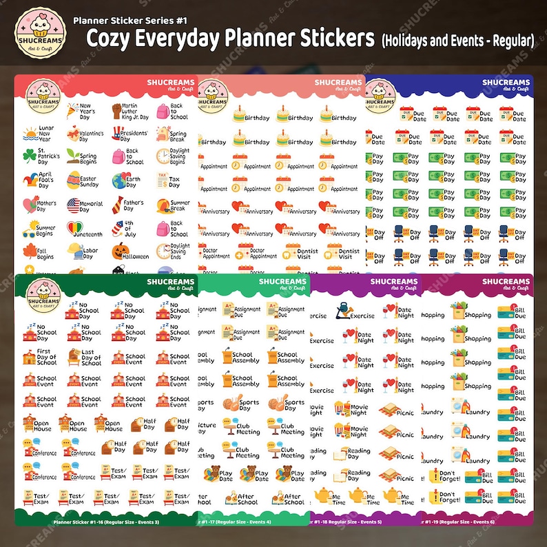 May include: A sheet of planner stickers with various designs for holidays and events. The stickers include icons for birthdays, appointments, school events, and more, in a colorful and organized layout. The text "Cozy Everyday Planner Stickers" is at the top.