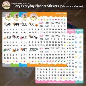 May include: Cozy everyday planner stickers featuring calendar months and weather icons. The stickers include months from January to December, with days of the week and dates. Colorful hearts, stars, and weather symbols are also included.