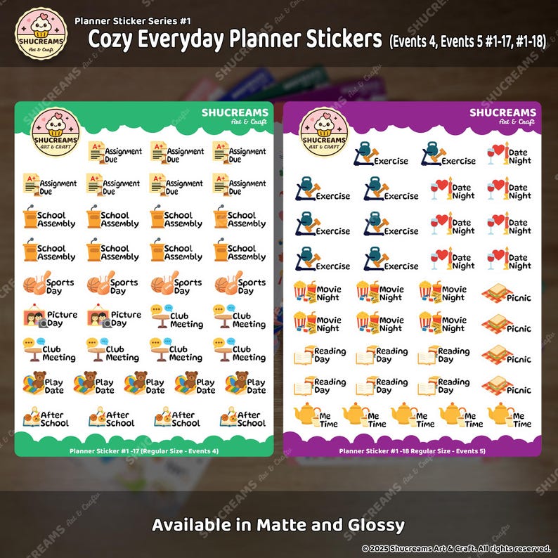 May include: Two sheets of planner stickers with various event icons. One sheet is green and the other is purple. The stickers include icons for assignments, school, sports, club meetings, movie nights, and more. The text "Cozy Everyday Planner Stickers" is at the top.