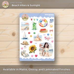 May include: A sticker sheet with a summer theme, featuring watercolor illustrations of beach scenes, a sailboat, a sunflower, and a woman in a bikini. The text "Beach Vibes & Sunlight" is displayed at the top. The sticker sheet is available in matte, glossy, and laminated finishes.