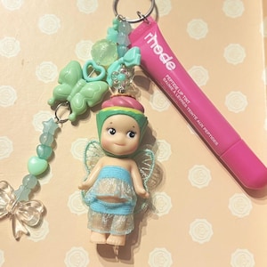 Handmade Sonny Angel Keychain with Rhode Lipgloss – Kawaii Beaded Bag Charm - Summer keychain cake