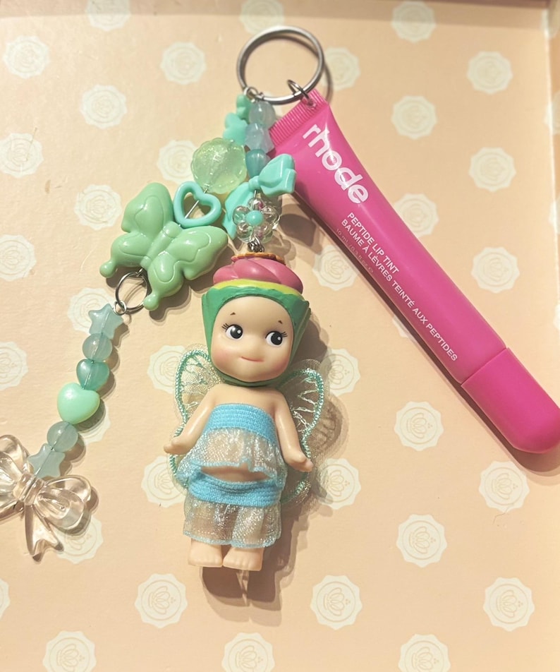 Handmade Sonny Angel Keychain with Rhode Lipgloss – Kawaii Beaded Bag Charm - Summer keychain cake