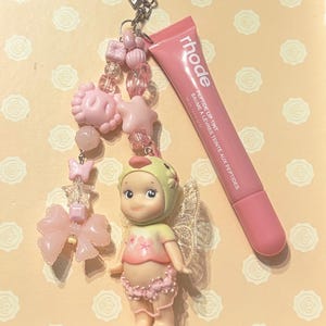 Handmade Sonny Angel Keychain with Rhode Lipgloss – Kawaii Beaded Bag Charm - Summer keychain peacock