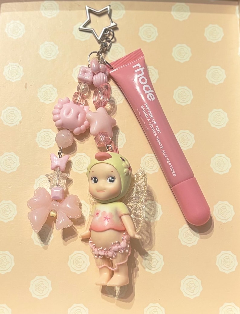 Handmade Sonny Angel Keychain with Rhode Lipgloss – Kawaii Beaded Bag Charm - Summer keychain peacock