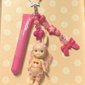 Handmade Sonny Angel Keychain with Rhode Lipgloss – Kawaii Beaded Bag Charm - Summer keychain pink bunny bright