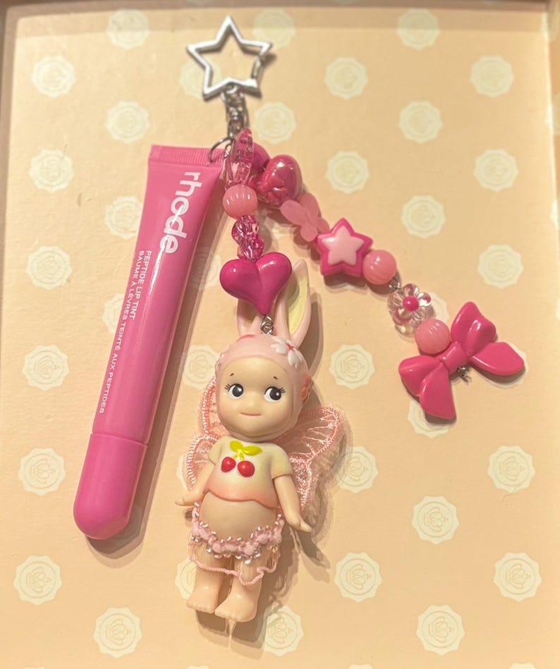 Handmade Sonny Angel Keychain with Rhode Lipgloss – Kawaii Beaded Bag Charm - Summer keychain pink bunny bright