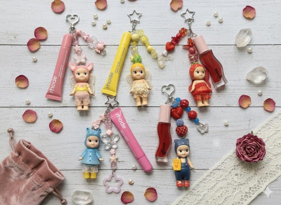 Handmade Sonny Angel Keychain with Rhode Lipgloss – Kawaii Beaded Bag Charm