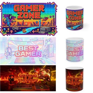 May include: A collection of gamer-themed products. Includes a pixelated "Gamer Zone" design, a "Best Gamer" design with gaming equipment, and a "Gaming is my Therapy" design. The products include mugs and a pixel art design.