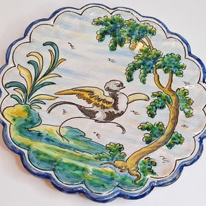 Vintage Hand-Painted Spanish Talavera Ceramic Plate - Bird & Tree Motif - 10&quot;