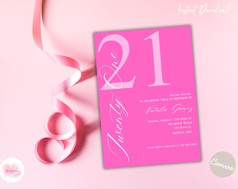 Pink 21st Birthday Invitation Template | Elegant Digital Invite| Editable Party Invitation| Instant Download