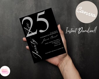 25th Birthday Invitation Template: Black & Silver (Digital Download)