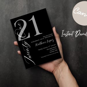 Puede incluir: Una tarjeta de invitación negra con el número "21" en fuente gris grande y la palabra "Twenty" en escritura blanca. La tarjeta es para el 21 cumpleaños de Nathan Lopez, con detalles de fecha, hora y lugar. También se ven las palabras "Descarga instantánea".