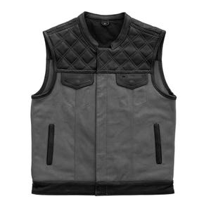 Diamond Quilted Leather Motorcycle Vest: Grey Denim & Black Cowhide