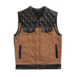Brown Cowhide Leather Motorcycle Vest: Diamond Quilted Denim Style