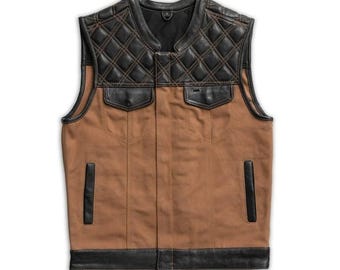 Braune Motorradweste aus Rindsleder: Diamond Quilted Denim Style