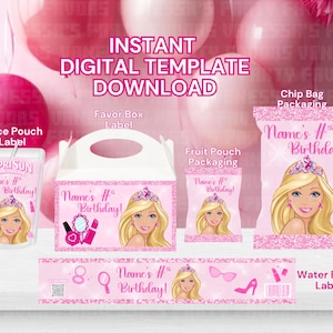 Custom Editable Barbie Doll Party Favor Templates. Chip Bags. Gable Boxes. Water Bottle. Fruit Snacks. Caprisun