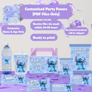 May include: Customized party favors featuring a blue cartoon character, with the text "AMAYA TURNS 7!". Includes a water bottle, cup, treat boxes, and candy wrappers. The design is light blue with floral accents.