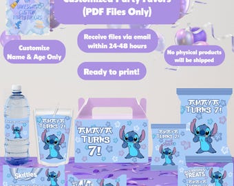Custom Blue Stitch Party Favor Labels: Chip Bags, Gable Boxes (Digital Printable File)