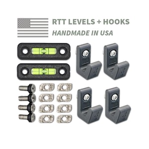 May include: A set of RTT LEVELS + HOOKS HANDMADE IN USA including two black spirit levels with neon green liquid, four grey J-shaped hooks with silver screws, four silver bolts, and eight silver T-nuts for mounting and leveling equipment.