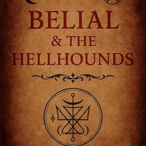 Puede incluir: Una portada de libro de estilo vintage con el título "BELIAL & THE HELLHOUNDS" en letras granates. La portada presenta una luna creciente, un pentagrama y un emblema circular con símbolos intrincados, todo en negro sobre un fondo marrón envejecido.