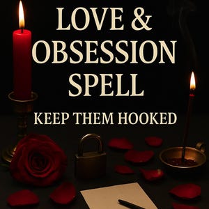 Puede incluir: Imagen oscura con el texto "CUSTOM LOVE & OBSESSION SPELL KEEP THEM HOOKED". Una vela roja arde en un candelabro de latón, junto a una rosa, un candado, pétalos y un papel en blanco. Un palito de incienso encendido está a la derecha.