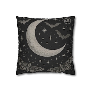 Celestial Moon & Bats Pillowcase, Witchy Boho Home Decor, Gothic Bedroom Accent Pillow, Astrology Moon Phase Cushion, Spooky Halloween Gothi