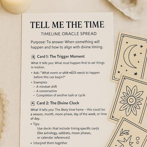 Puede incluir: Una vela blanca encendida, un geoda y cartas del oráculo están dispuestas sobre una superficie color crema. Las cartas presentan ilustraciones celestiales y florales. Una tarjeta titulada "TELL ME THE TIME" proporciona instrucciones.