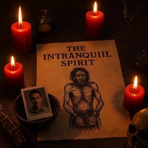 May include: An arrangement featuring a central illustration titled "The Intranquill Spirit" with a drawing of a gaunt figure in chains. Four red candles are lit around the illustration, with a photo in a bowl and a skull. A small jar and a bundle of herbs are also present.