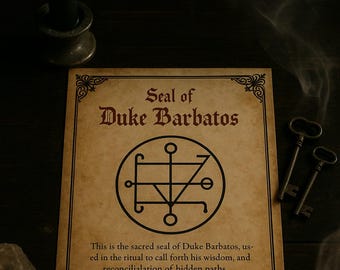 Könnte beinhalten: Eine brennende schwarze Kerze in einem Halter, ein Pergament mit dem Text "Seal of Duke Barbatos" und einem Siegel, zwei antike Schlüssel und eine kleine Schale. Auf dem Pergament steht: "Dies ist das heilige Siegel von Duke Barbatos... Sie können dieses Siegel als Talisman für Klarheit und Frieden behalten."