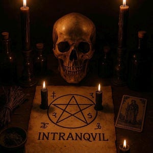 May include: A dark, atmospheric still life with a human skull, lit candles, and a parchment inscribed with a pentagram and the word "INTRANQVIL". Bottles and a tarot card add to the mystical theme.