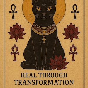 May include: Printable Bastet altar artwork featuring a black cat with a golden halo, ankh symbols, and lotus flowers. The artwork includes the text "HEAL THROUGH TRANSFORMATION CLAIM YOUR POWER RISE WITHIN."
