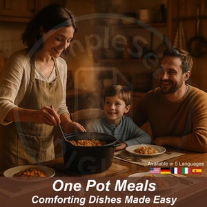 May include: A family enjoys a meal together, with a woman serving food from a black pot. The text "One Pot Meals, Comforting Dishes Made Easy" is displayed at the bottom. Plates of food are on the table, and the scene is warm and inviting.