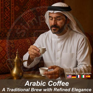 Puede incluir: Un hombre con vestimenta árabe tradicional sostiene pequeñas tazas blancas de café árabe. También se ven una cafetera y una bandeja doradas. La imagen incluye el texto "Arabic Coffee" y "A Traditional Brew with Refined Elegance."