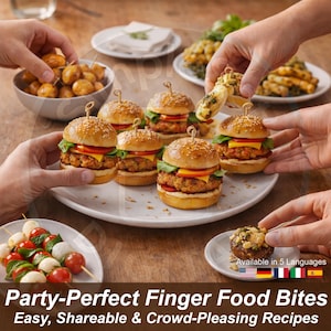 Peut inclure: Une sélection d'amuse-gueules de fête, comprenant des mini-burgers avec des petits pains aux graines de sésame, des tomates, du fromage et un steak haché. D'autres plats incluent des brochettes de tomates et de mozzarella. Le texte: Party-Perfect Finger Food Bites.