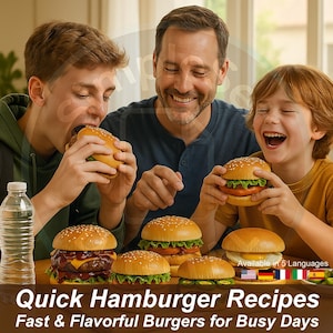 Puede incluir: Una familia disfruta de hamburguesas. La imagen muestra varias hamburguesas con panecillos de sésamo, lechuga y otros ingredientes. El texto dice "Quick Hamburger Recipes: Fast & Flavorful Burgers for Busy Days."