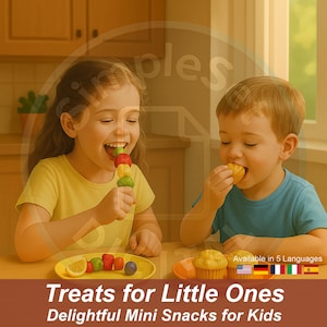 Può includere: Due bambini che si godono mini snack colorati. Uno mangia uno spiedino di frutta, l'altro un muffin. Un piatto giallo contiene frutta e un muffin è su un piatto arancione. Il testo recita "Treats for Little Ones" e "Delightful Mini Snacks for Kids."