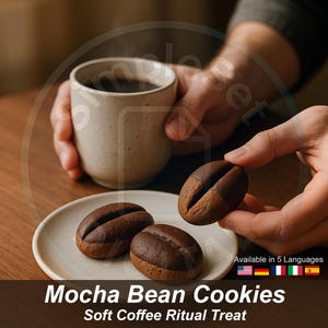 Peut inclure: Trois biscuits au moka en forme de grains de café sur une petite assiette. Une personne tient un biscuit, et une autre tient une tasse de café beige. Le texte "Mocha Bean Cookies" et "Soft Coffee Ritual Treat" sont visibles.